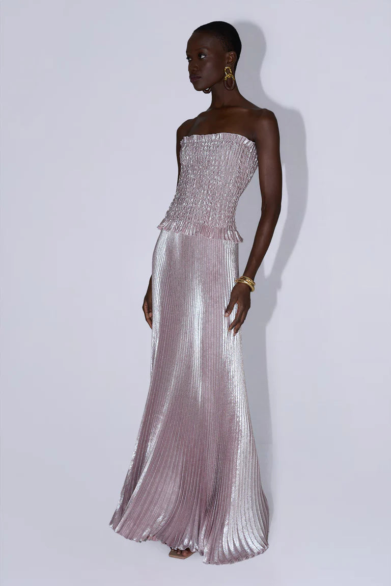 Strapless pleated gown in dusty shimmer with ruched bodice and flowing skirt — L'IDÉE | Endless UAE