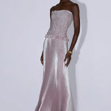Strapless pleated gown in dusty shimmer with ruched bodice and flowing skirt — L'IDÉE | Endless UAE
