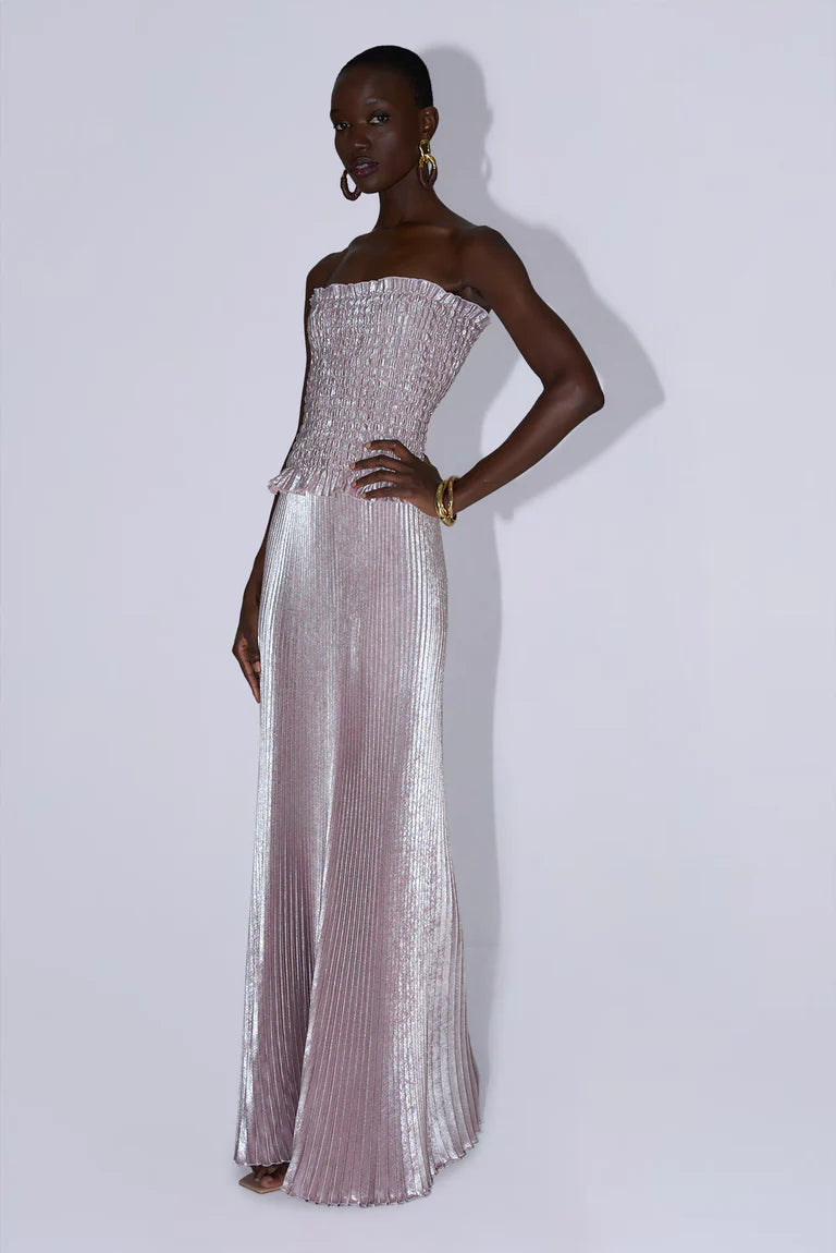 Strapless pleated gown in dusty shimmer with ruched bodice and flowing skirt — L'IDÉE | Endless UAE