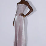 Strapless pleated gown in dusty shimmer with ruched bodice and flowing skirt — L'IDÉE | Endless UAE
