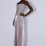 Strapless pleated gown in dusty shimmer with ruched bodice and flowing skirt — L'IDÉE | Endless UAE