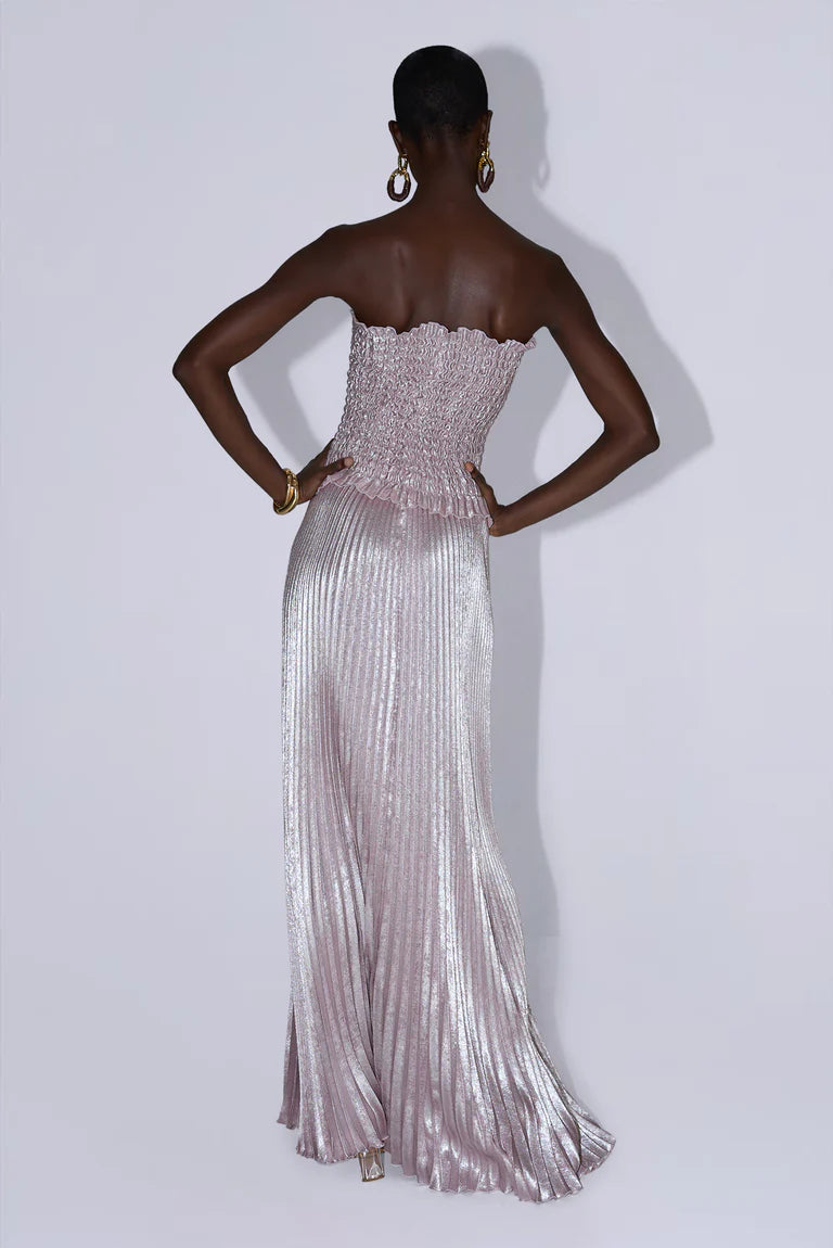 Strapless pleated gown in dusty shimmer with ruched bodice and flowing skirt — L'IDÉE | Endless UAE