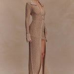 Waverley Metallic Knit Swim Cover Up in beige with long cardigan sleeves — Meshki | Endless UAE
