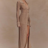 Waverley Metallic Knit Swim Cover Up in beige with long cardigan sleeves — Meshki | Endless UAE