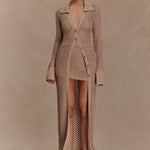 Waverley Metallic Knit Swim Cover Up in beige with long cardigan sleeves — Meshki | Endless UAE
