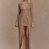 Waverley Metallic Knit Swim Cover Up in beige with long cardigan sleeves — Meshki | Endless UAE