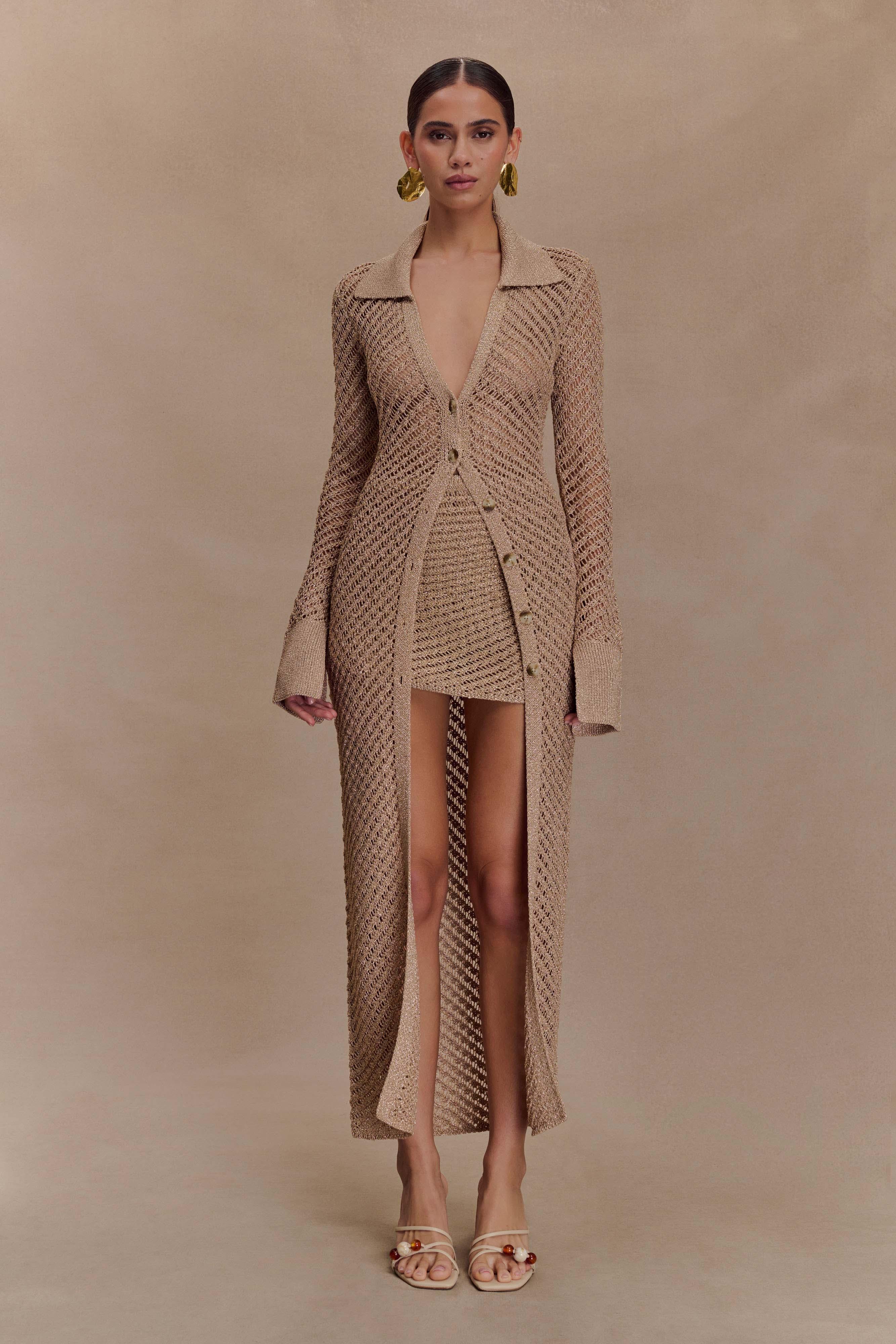 Waverley Metallic Knit Swim Cover Up in beige with long cardigan sleeves — Meshki | Endless UAE