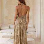 Woman wearing beige leopard print halter dress — Sophia Alexia | Endless UAE