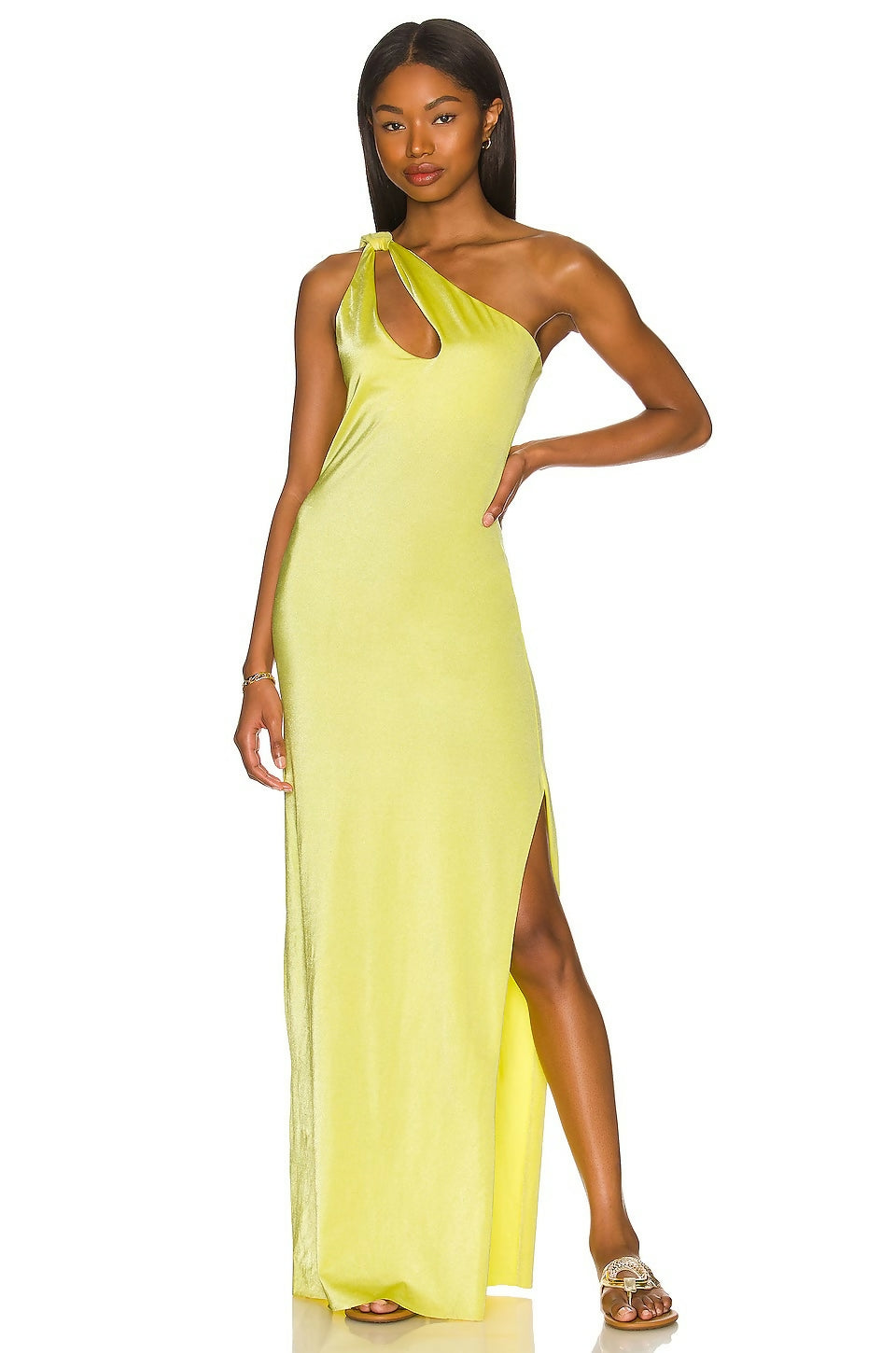 Yellow one-shoulder maxi dress with keyhole cutout and high slit, shown on model — Baobab | Endless UAE