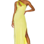 Yellow one-shoulder maxi dress with keyhole cutout and high slit, shown on model — Baobab | Endless UAE