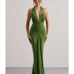 Green ruched halter-neck maxi dress with plunging neckline and gathered waist detail — Club L London | Endless UAE