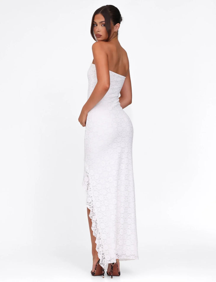 White lace strapless maxi dress with asymmetrical hem — Tiger Mist | Endless UAE