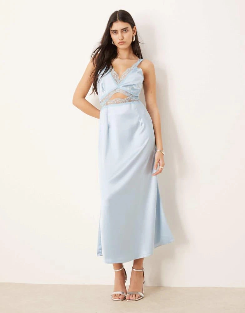 Light blue lace cut-out slip midaxi dress with V-neckline — Never Fully Dressed | Endless UAE