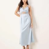 Light blue lace cut-out slip midaxi dress with V-neckline — Never Fully Dressed | Endless UAE