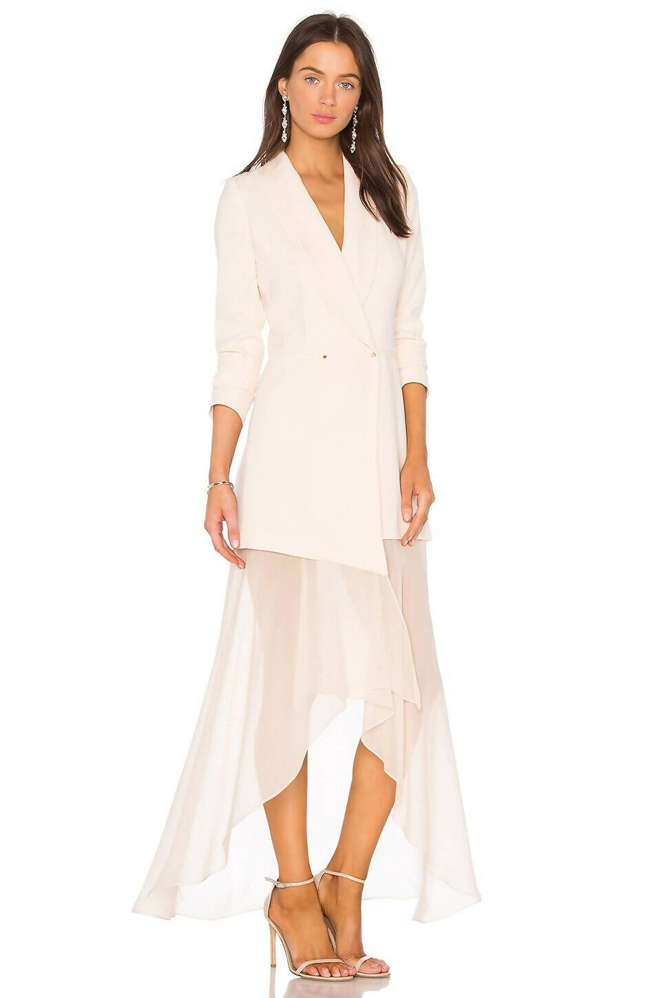 Elegant ivory tuxedo-inspired maxi dress with asymmetric hem, V-neckline, and long sleeves — Haute Hippie | Endless UAE