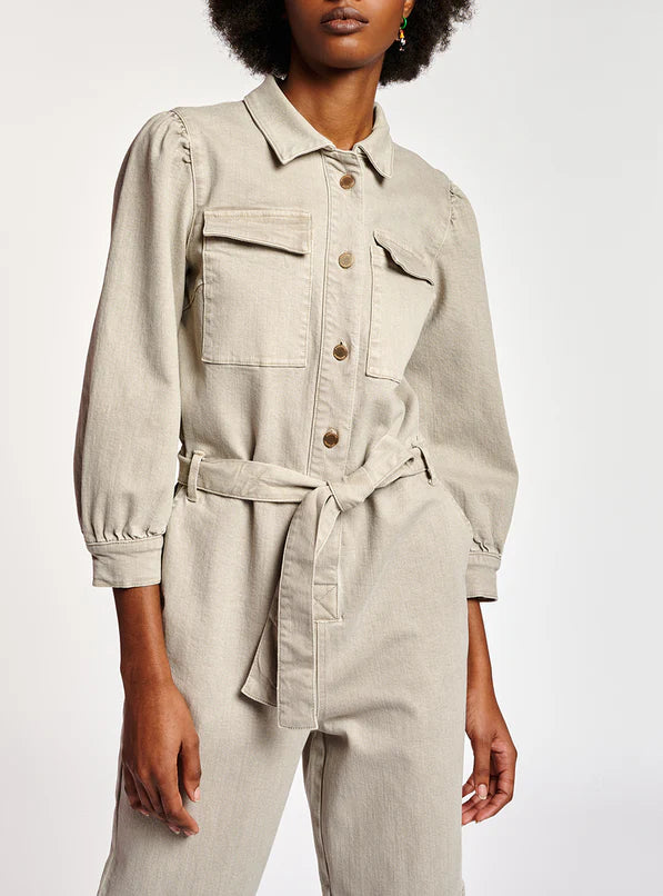Beige denim jumpsuit with belt and chest pockets — Essentiel Antwerp | Endless UAE