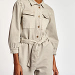 Beige denim jumpsuit with chest pockets and tie waist — Essentiel Antwerp | Endless UAE