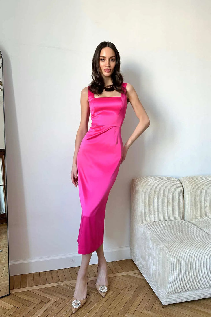 Elegant hot pink satin midi dress with square neckline and sleeveless design — Post Meridiem | Endless UAE