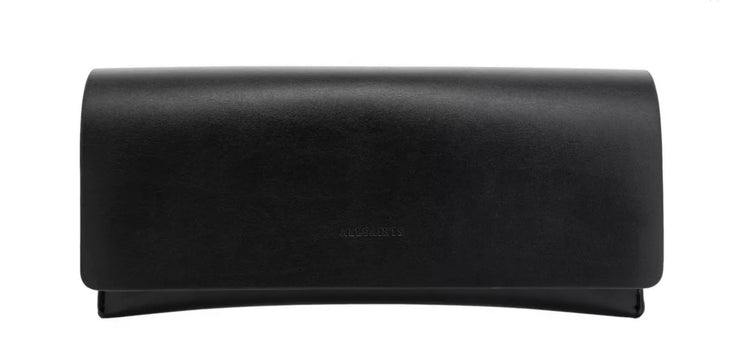 Black leather sunglasses case with embossed All Saints logo and magnetic closure — All Saints | Endless UAE