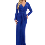 Long sleeve royal blue embellished evening gown with V-neckline and ruched waist detail — Endless | Endless UAE