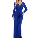 Long sleeve royal blue embellished evening gown with V-neckline and ruched waist detail — Endless | Endless UAE