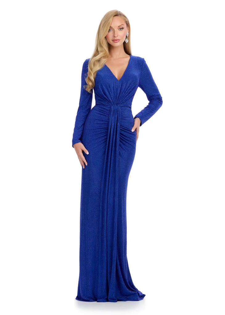 Long sleeve royal blue embellished evening gown with V-neckline and ruched waist detail — Endless | Endless UAE