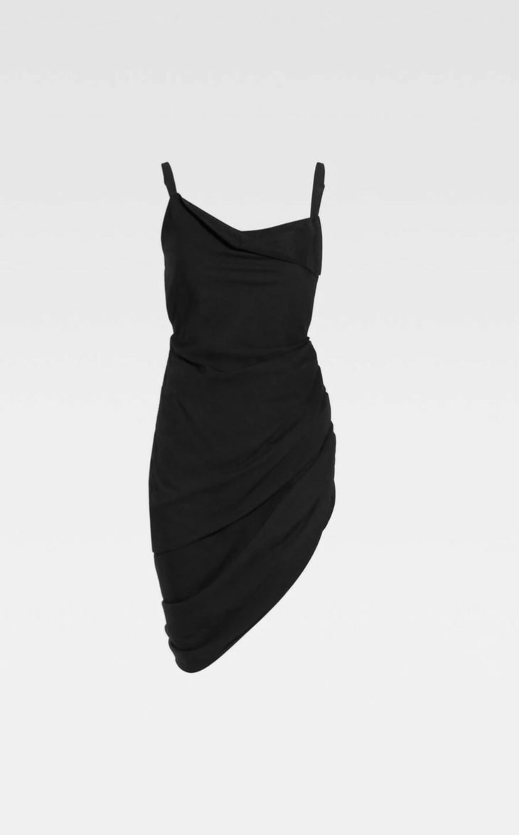 Black asymmetric mini dress with draped neckline and ruched skirt detailing on thin straps — Jacquemus | Endless UAE