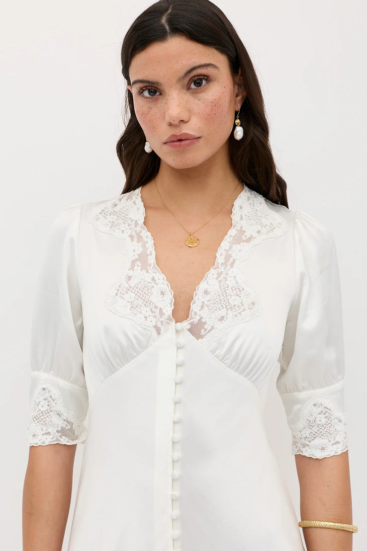 White midi dress with lace trim collar and cuffs, pearl button front closure, and puff sleeves — Rixo | Endless UAE