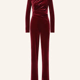 Burgundy velvet gathered jumpsuit with long sleeves and wide-leg pants — Talbot Runhof | Endless UAE