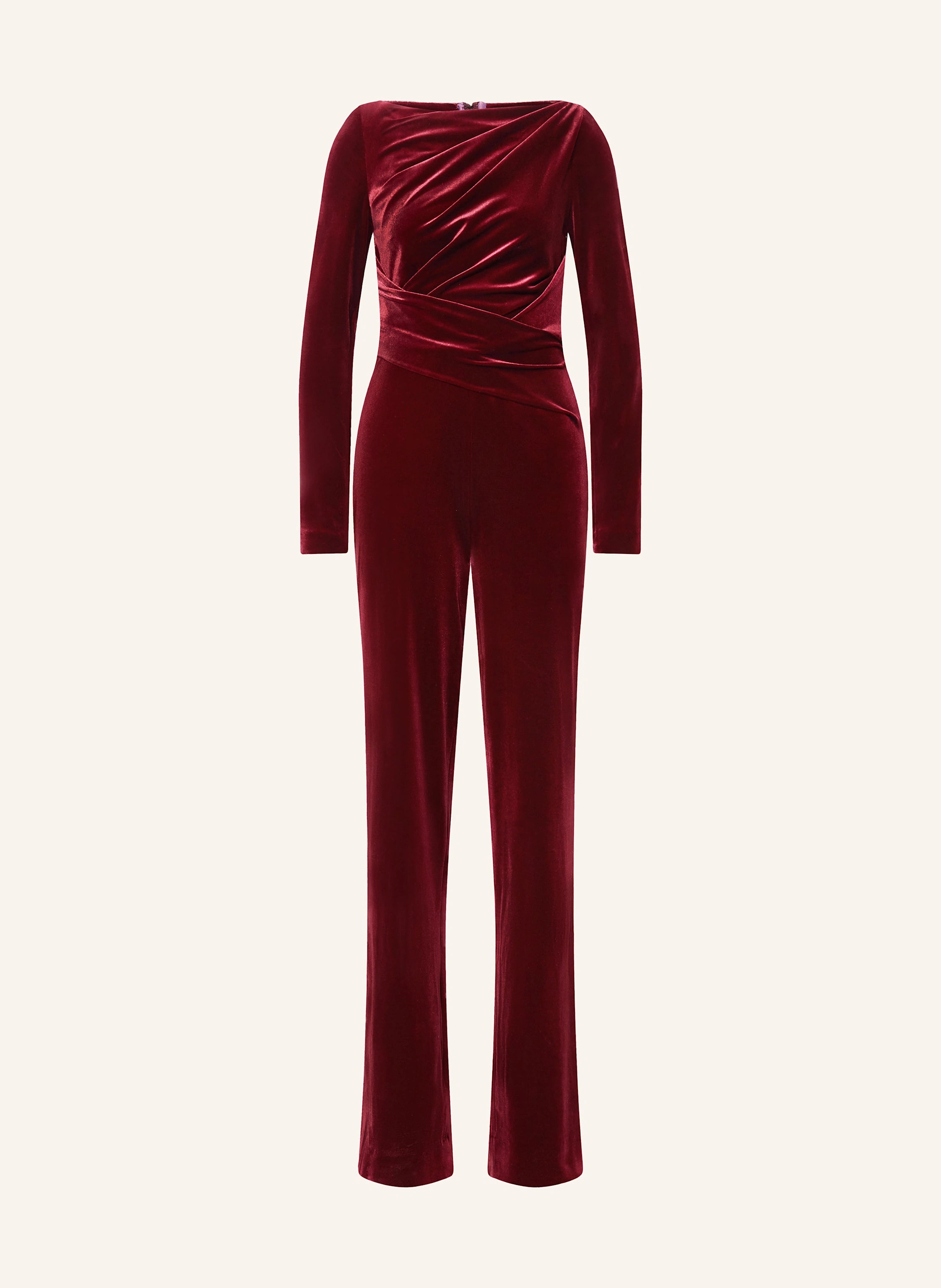 Burgundy velvet gathered jumpsuit with long sleeves and wide-leg pants — Talbot Runhof | Endless UAE