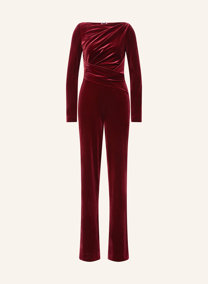 Burgundy velvet gathered jumpsuit with long sleeves and wide-leg pants — Talbot Runhof | Endless UAE