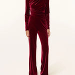 Burgundy velvet gathered jumpsuit with long sleeves and wide-leg pants — Talbot Runhof | Endless UAE