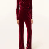 Burgundy velvet gathered jumpsuit with long sleeves and wide-leg pants — Talbot Runhof | Endless UAE