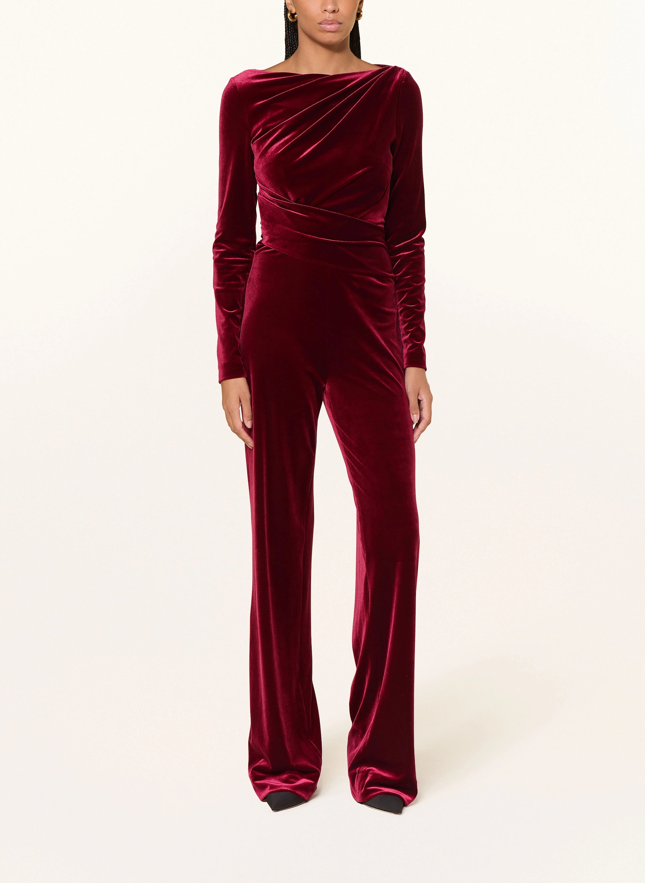 Burgundy velvet gathered jumpsuit with long sleeves and wide-leg pants — Talbot Runhof | Endless UAE