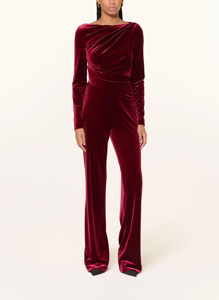 Burgundy velvet gathered jumpsuit with long sleeves and wide-leg pants — Talbot Runhof | Endless UAE