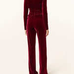Burgundy velvet gathered jumpsuit with long sleeves and wide-leg pants — Talbot Runhof | Endless UAE
