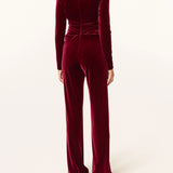 Burgundy velvet gathered jumpsuit with long sleeves and wide-leg pants — Talbot Runhof | Endless UAE