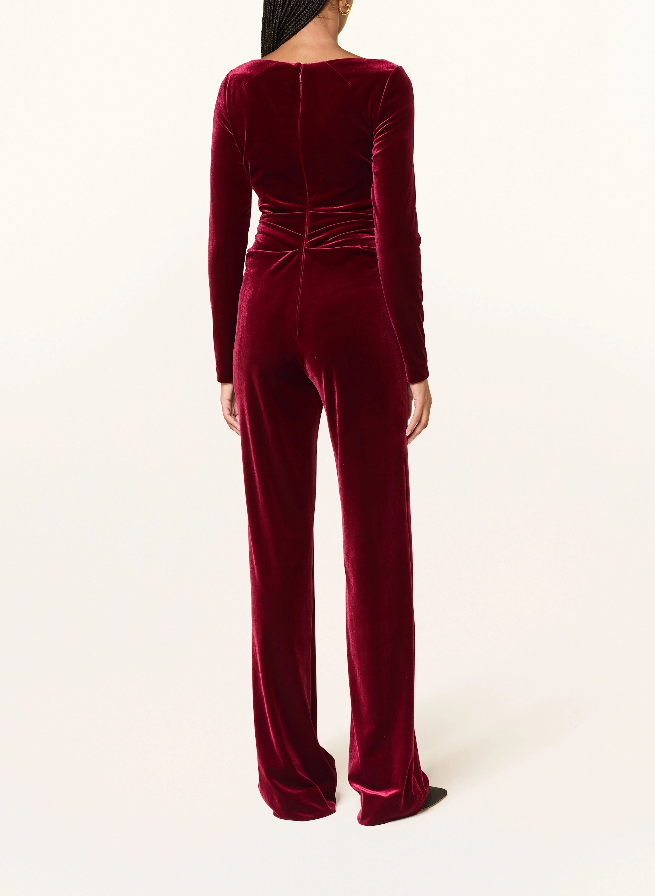 Burgundy velvet gathered jumpsuit with long sleeves and wide-leg pants — Talbot Runhof | Endless UAE