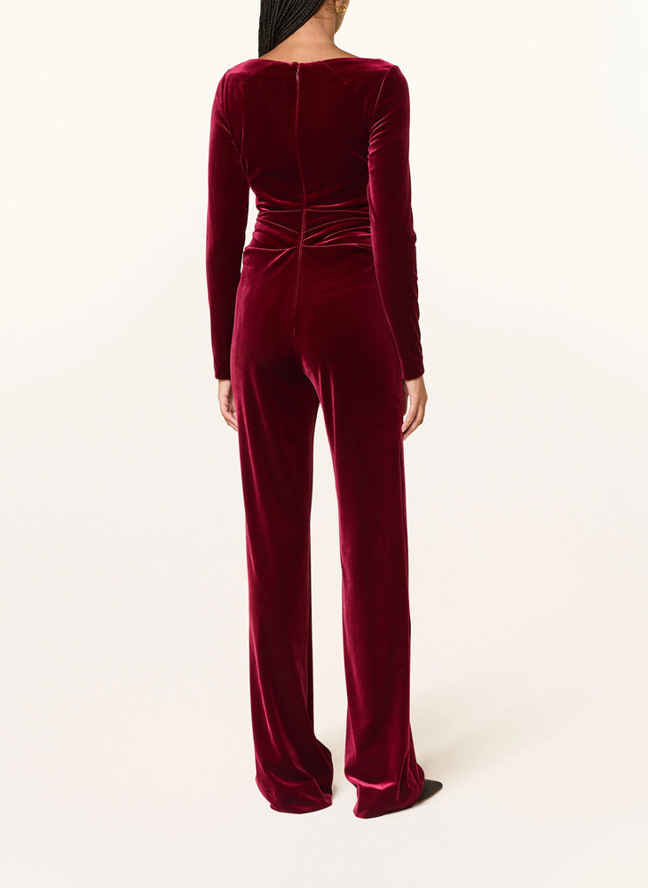Burgundy velvet gathered jumpsuit with long sleeves and wide-leg pants — Talbot Runhof | Endless UAE