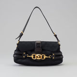 Black canvas shoulder bag with gold horsebit chain detail and leather trim — Gucci | Endless UAE
