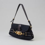 Black fabric shoulder bag with gold horsebit chain detail and leather trim — Gucci | Endless UAE