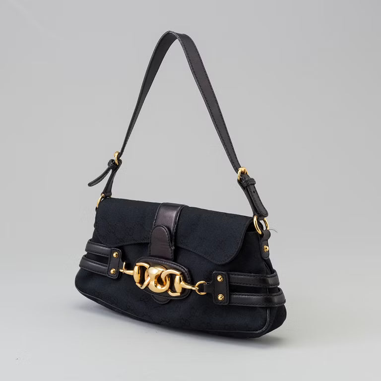 Black fabric shoulder bag with gold horsebit chain detail and leather trim — Gucci | Endless UAE