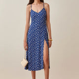 Blue midi dress with white mushroom print, sweetheart neckline, adjustable straps and high side slit — Reformation | Endless UAE