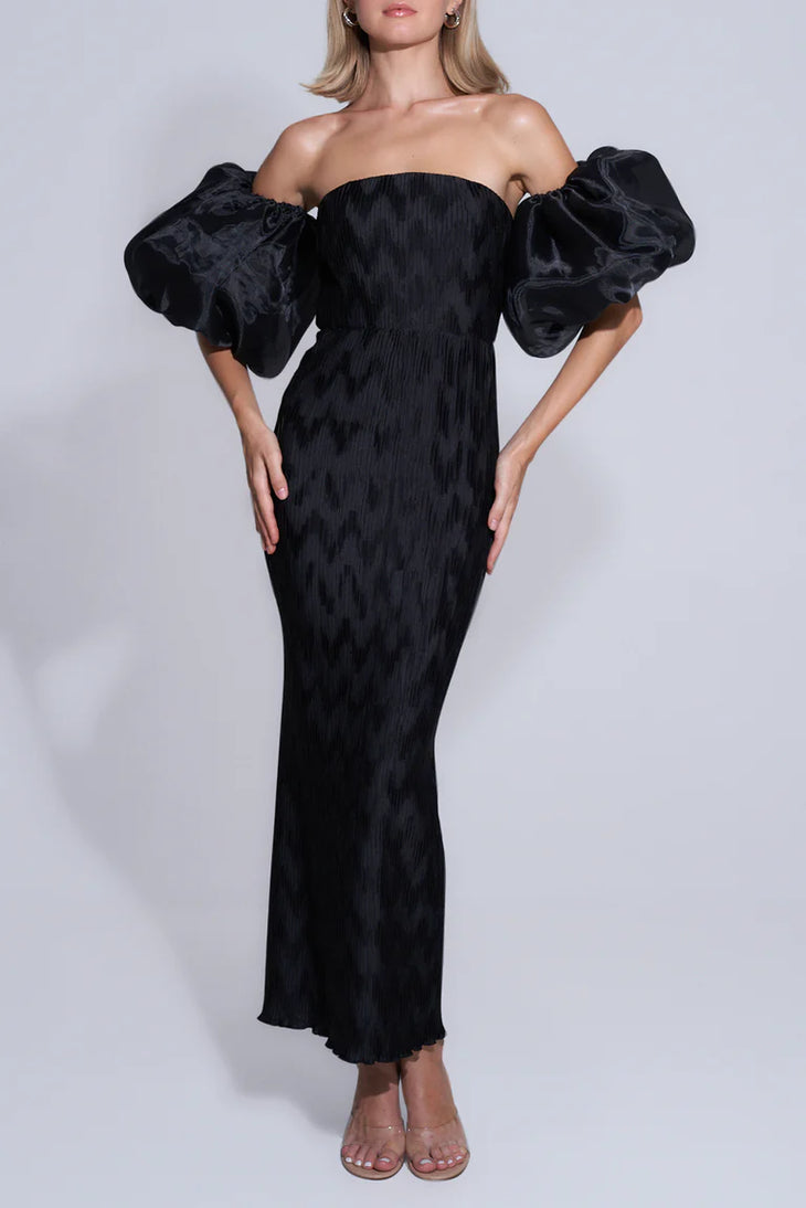 Black off-shoulder maxi dress with dramatic puffed organza sleeves and pleated texture — L'idee | Endless UAE