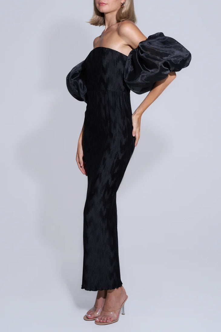 Black off-shoulder pleated maxi dress with dramatic puffed organza sleeves and fitted silhouette — L'idee | Endless UAE