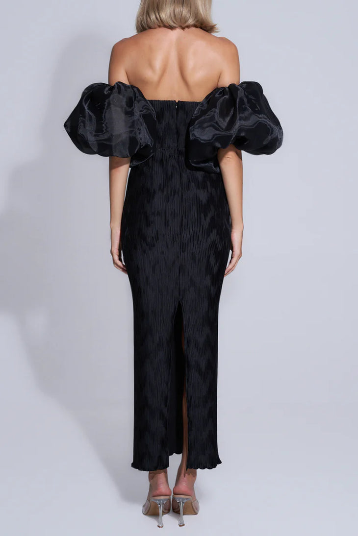 Black off-shoulder dress with dramatic organza puff sleeves and center back slit by L'idee — L'idee | Endless UAE