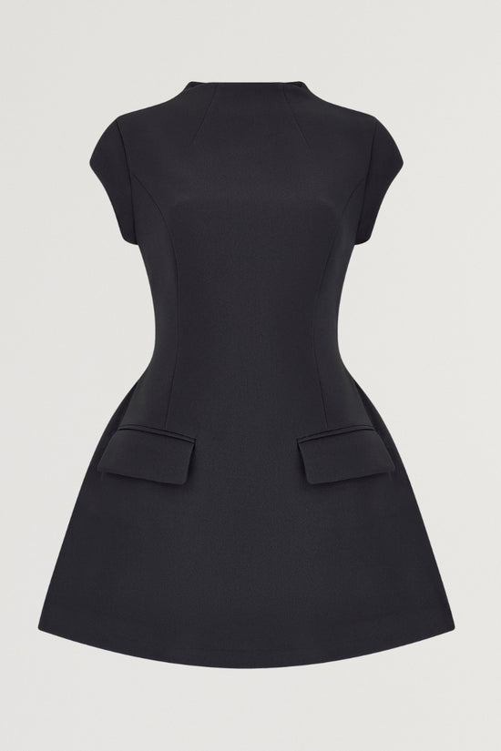 Black cap sleeve mini dress with front pockets and A-line silhouette — Odd Muse | Endless UAE