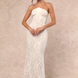 Valeria White Lace Strapless Bustier Maxi Dress