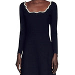 Black long-sleeve mini dress with crystal-embellished scalloped trim at neckline and hem — Sandro | Endless UAE