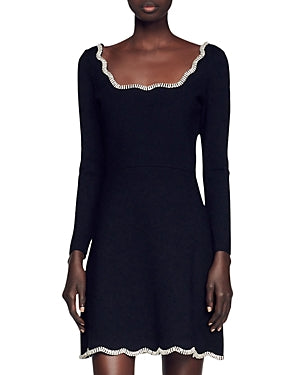 Black long-sleeve mini dress with crystal-embellished scalloped trim at neckline and hem — Sandro | Endless UAE